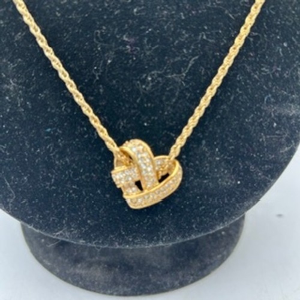 Vtg Gold Tone Heart Knot Necklace Crystal Encrusted Pendant Rope Chain